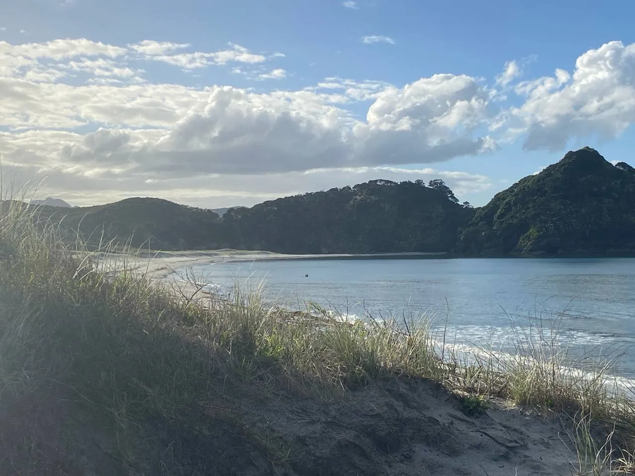 Medlands Beach from the sand dunes on a quiet autumn day, Great Barrier Island