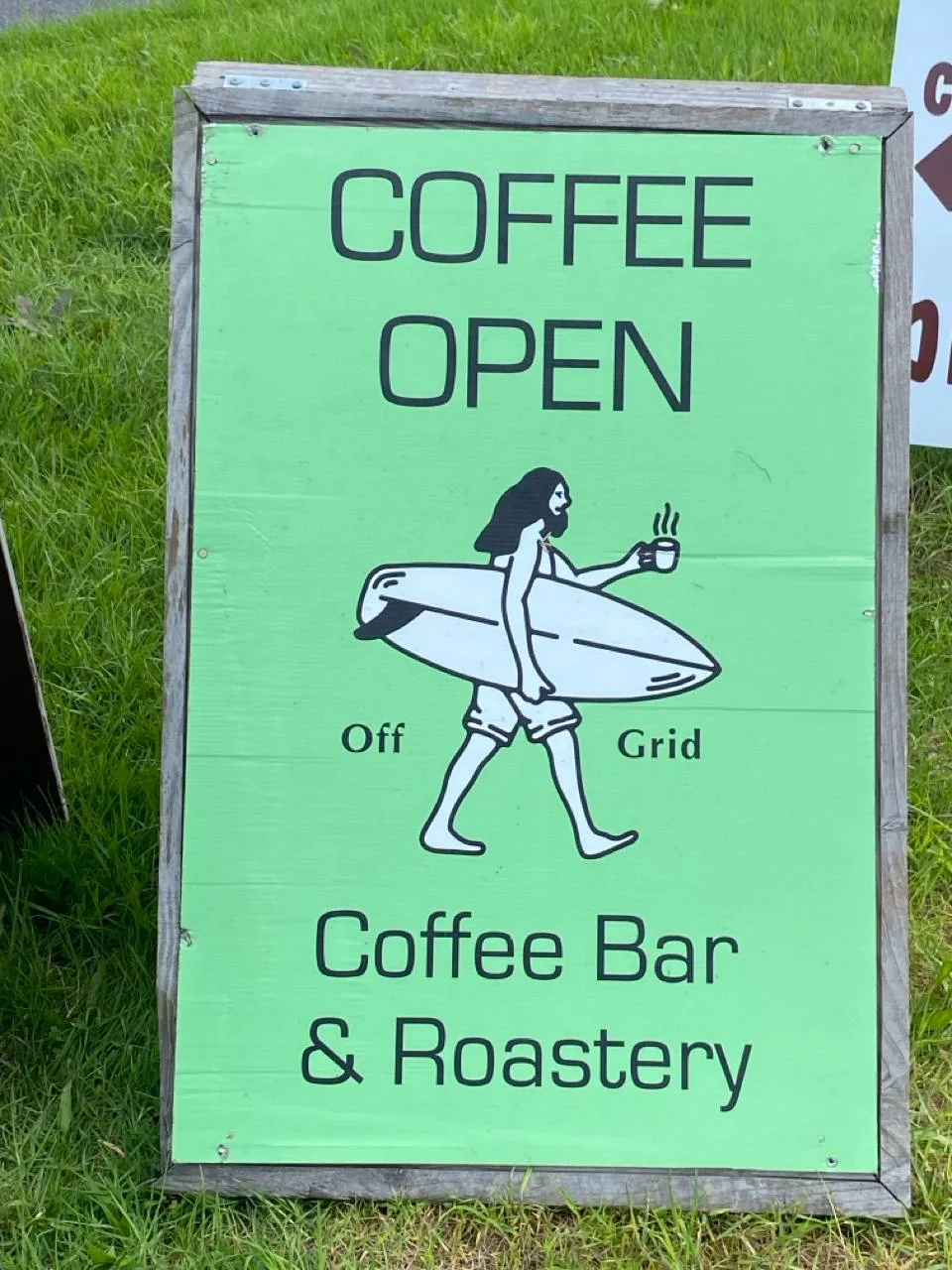 Aotea Roast Off Grid Coffee Bar & Roastery sign, Mason Road, Great Barrier Island