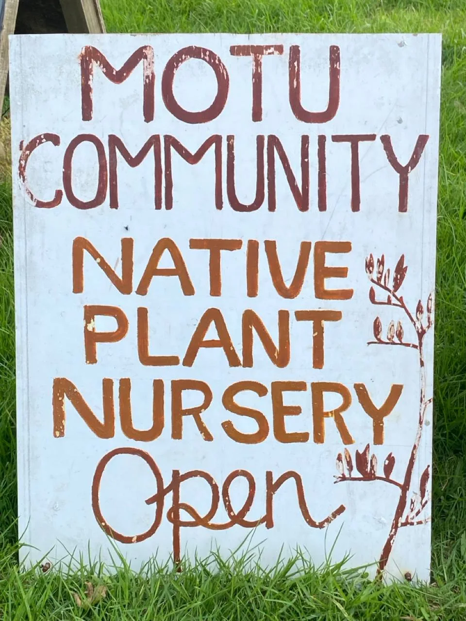 Motu Community Native Plant Nursery sign, Mason Road, Great Barrier Island