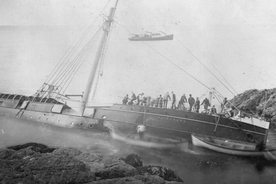SS Wairarapa wrecked against Miners Head, Aotea Great Barrier Island, in October 1894