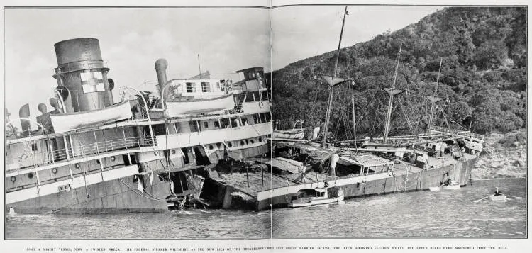 The SS Wiltshire broken open after wrecking at Rosalie Bay on Great Barrier Island