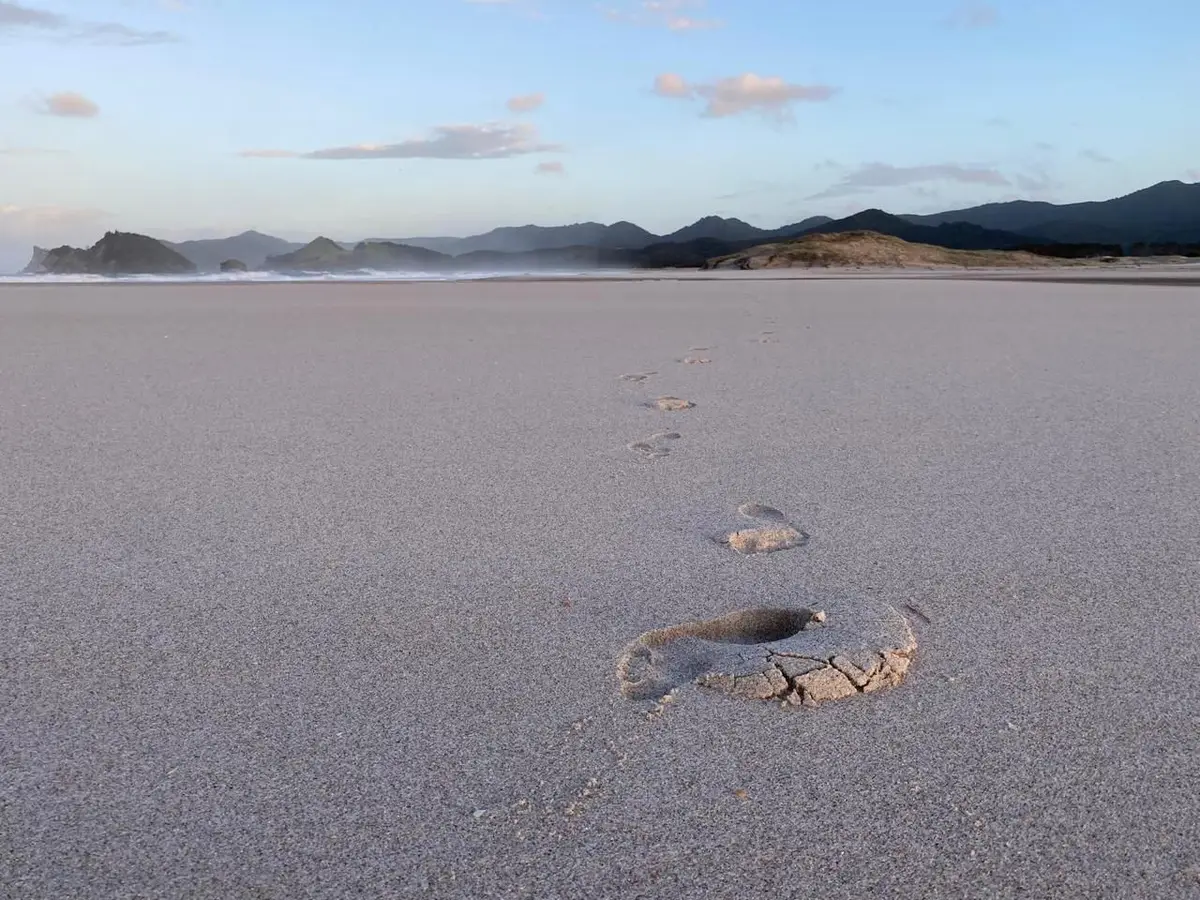 Footprints in sand at Whangapoua Beach, Great Barrier Island, with the island's peaks in the background