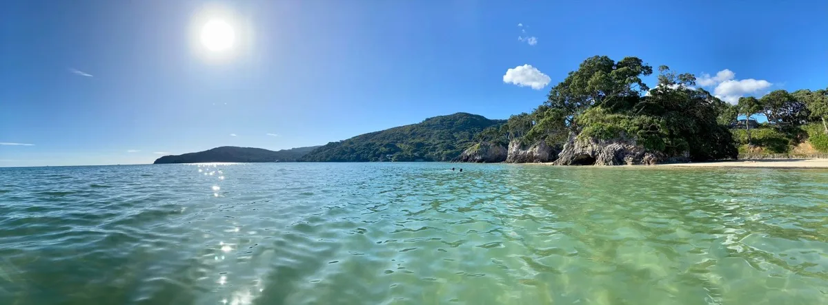 Turquoise waters at Tryphena Bay, Great Barrier Island — gateway to the island's food and drink scene